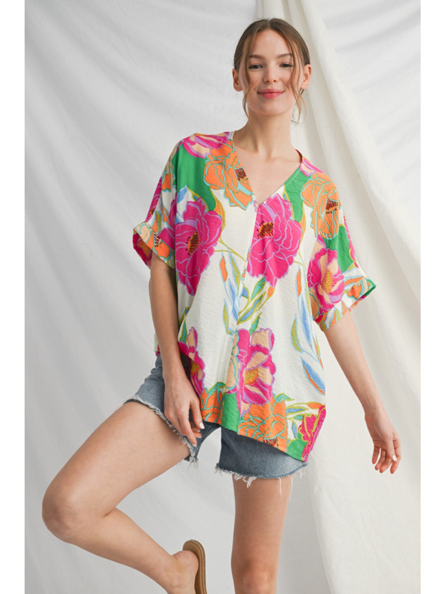 Drop Shoulder Floral Top (Green)