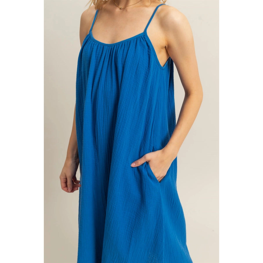 Blue Shirring Neckline Sleeveless Flowy Dress
