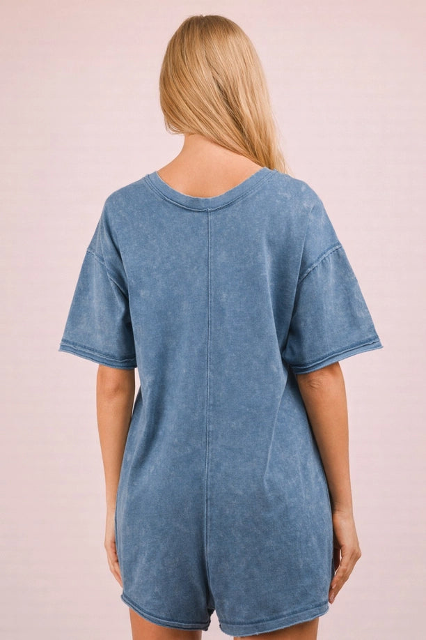 Mineral Washed Oversized Casual Knit Romper (Denim)