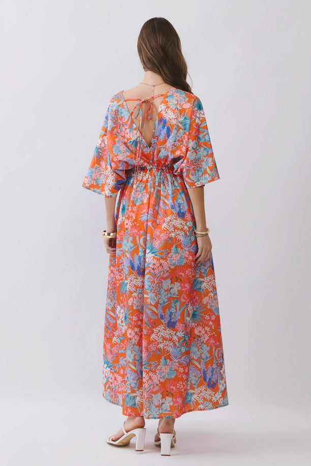 Floral V Neck Empire Waist Maxi Dress