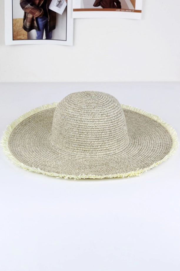 Frayed Two Tone Mixed Color Straw Floppy Hat