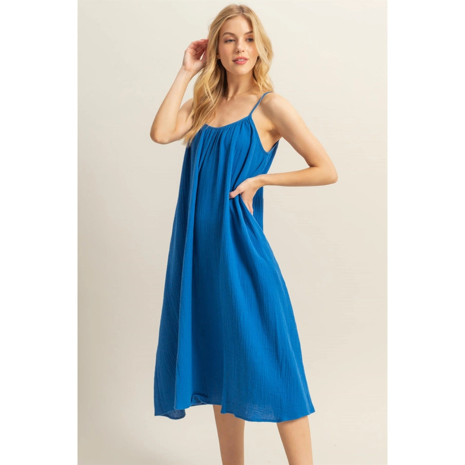 Blue Shirring Neckline Sleeveless Flowy Dress