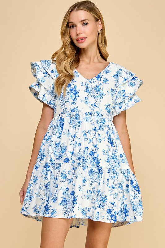 Blue Floral Print V-Neckline Pullover Dress