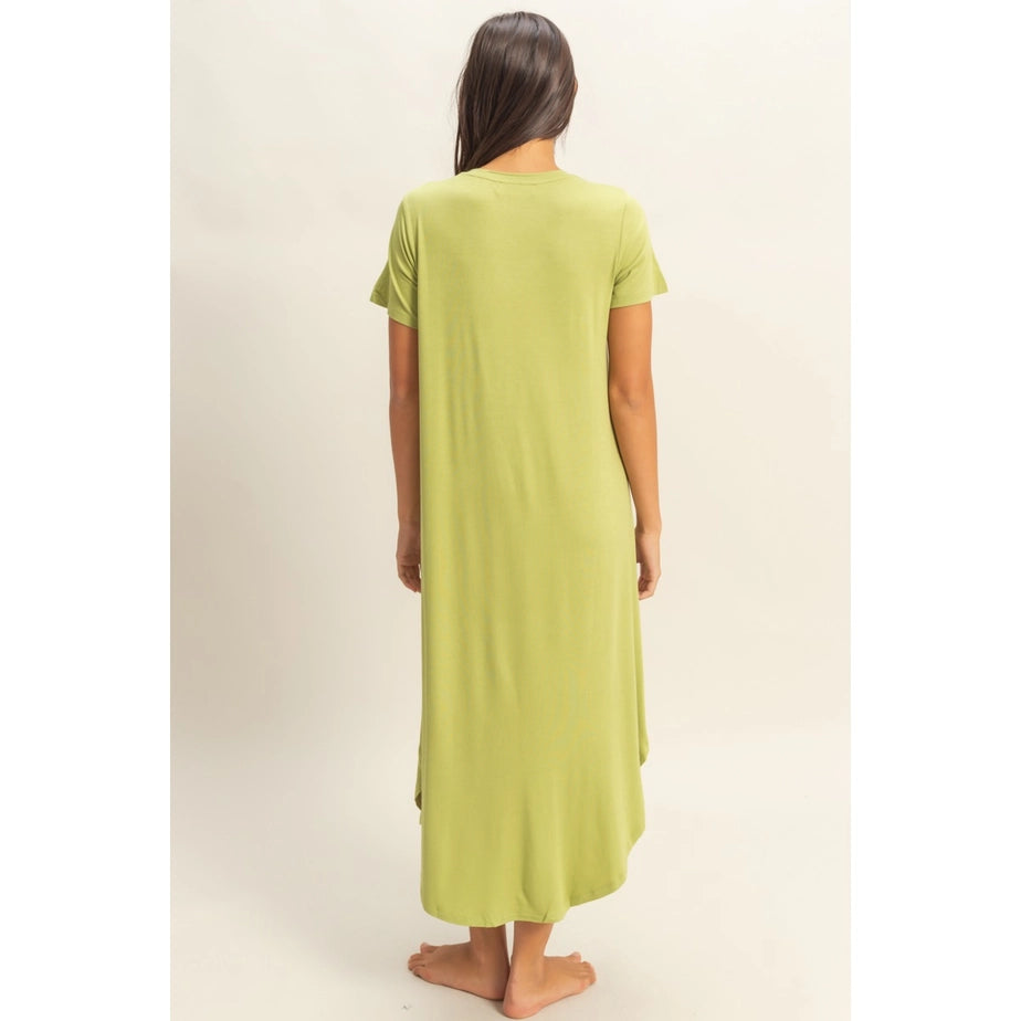 V-Neck Short Sleeve Midi Dress (Olive)