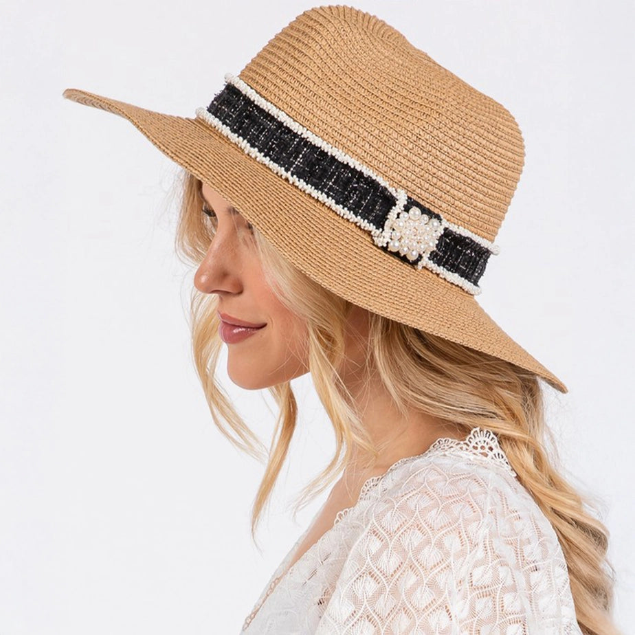 Tweed with Pearl Band Summer Straw Sun Hat