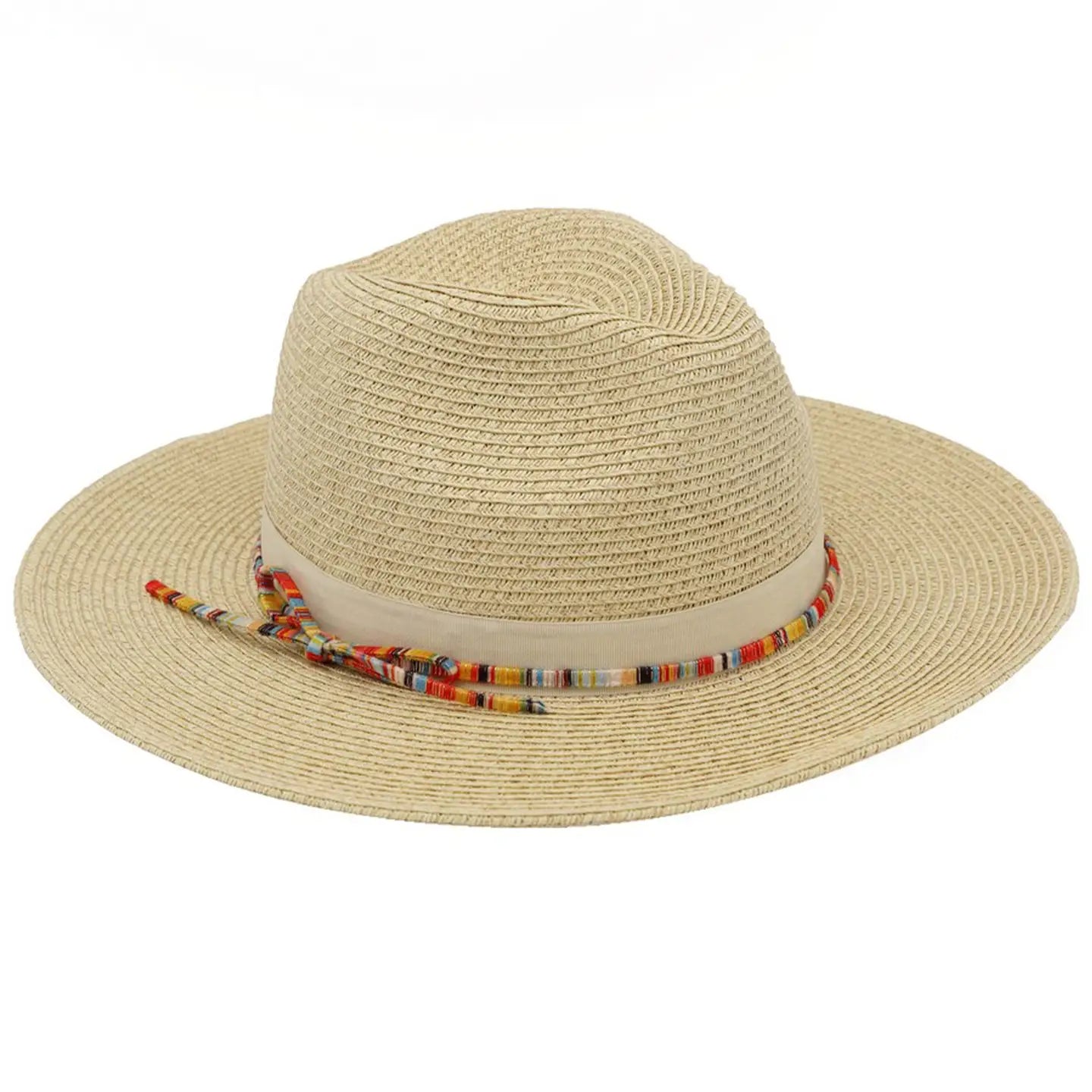 Woven Multicolor Trim Summer Straw Fedora Sun Hat