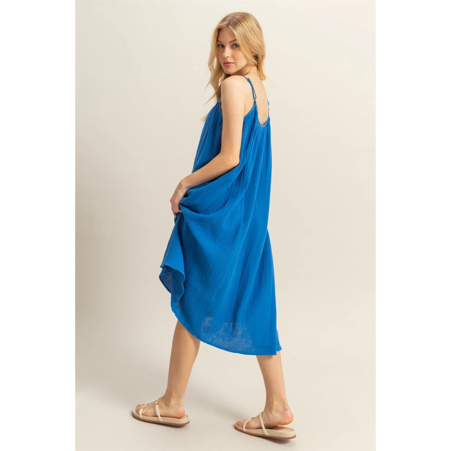 Blue Shirring Neckline Sleeveless Flowy Dress