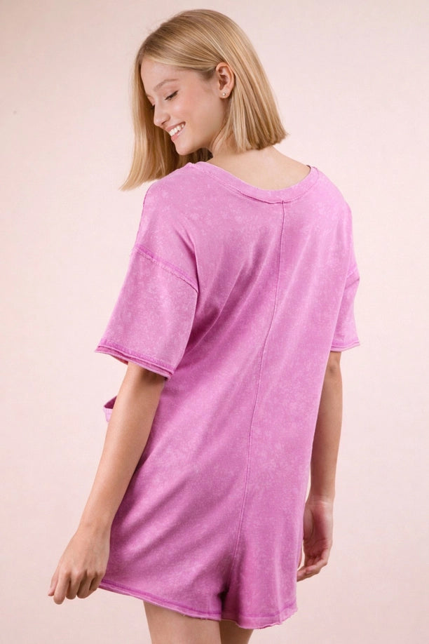 Mineral Washed Oversized Casual Knit Romper (Orchid)