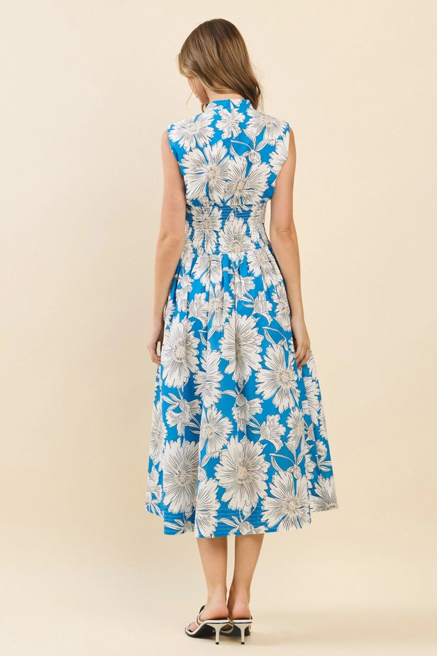 Floral Print Zip Up Smocked Waist Midi Dress