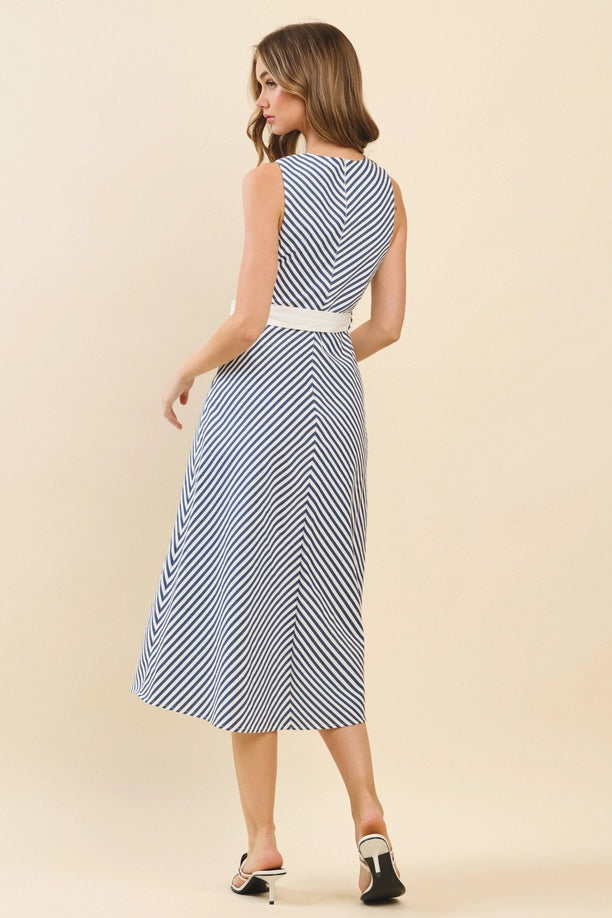 Chevron Pattern Striped Contrast Sash Midi Dress