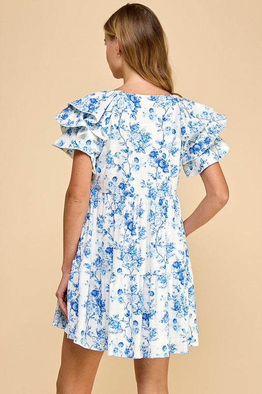 Blue Floral Print V-Neckline Pullover Dress
