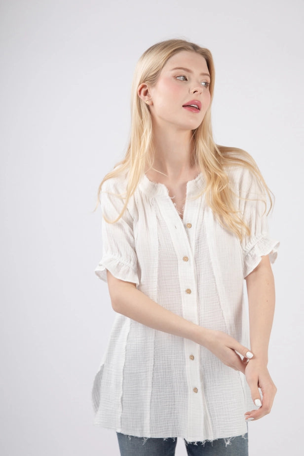 Puff Sleeve Cotton Gauze Shirts Blouse