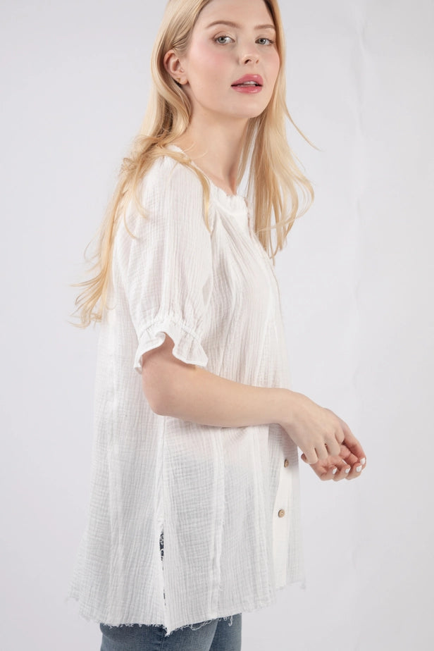 Puff Sleeve Cotton Gauze Shirts Blouse