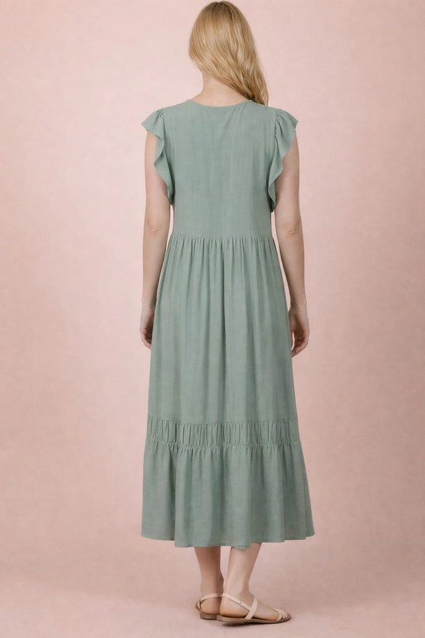 V-Neck Ruffle Sleeve Solid Woven Midi Dress