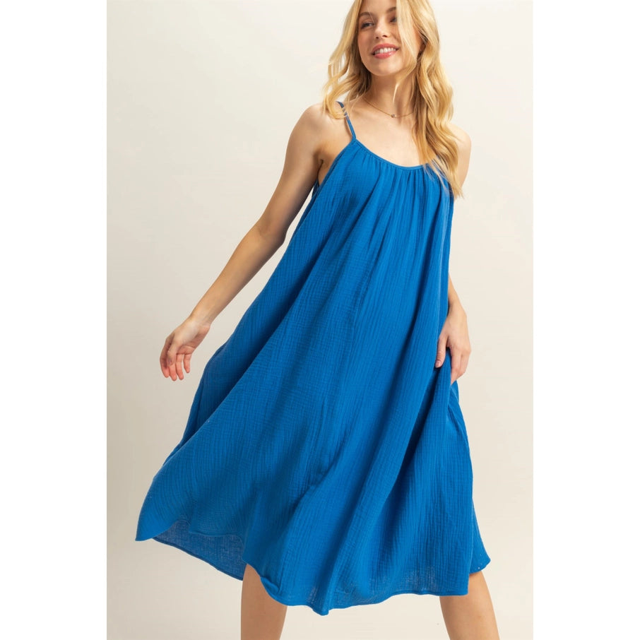 Blue Shirring Neckline Sleeveless Flowy Dress