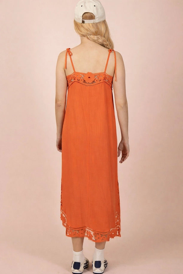 Lace Trim Solid Linen Midi Dress