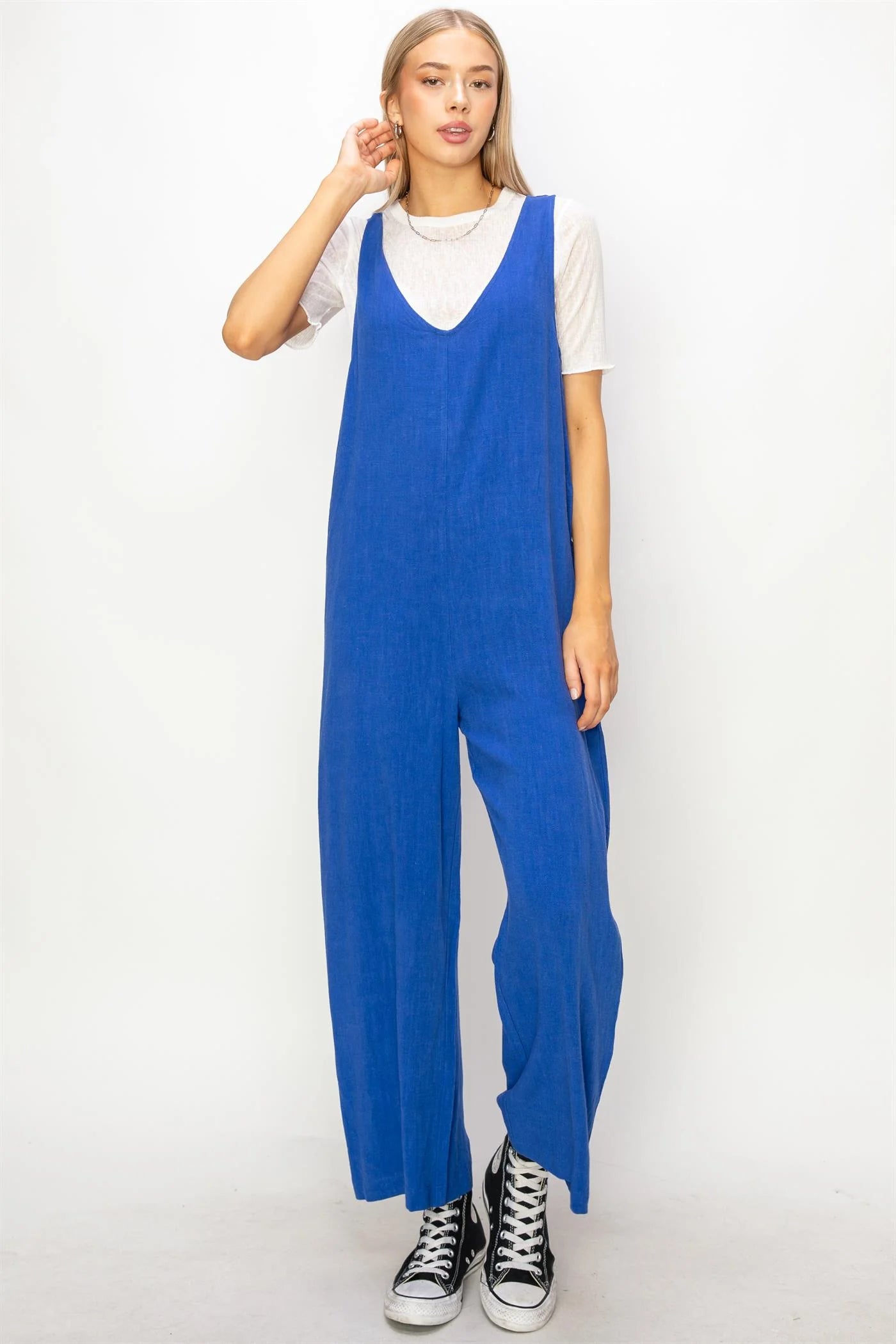 LINEN SLEEVELESS JUMPSUIT COBALT BLUE