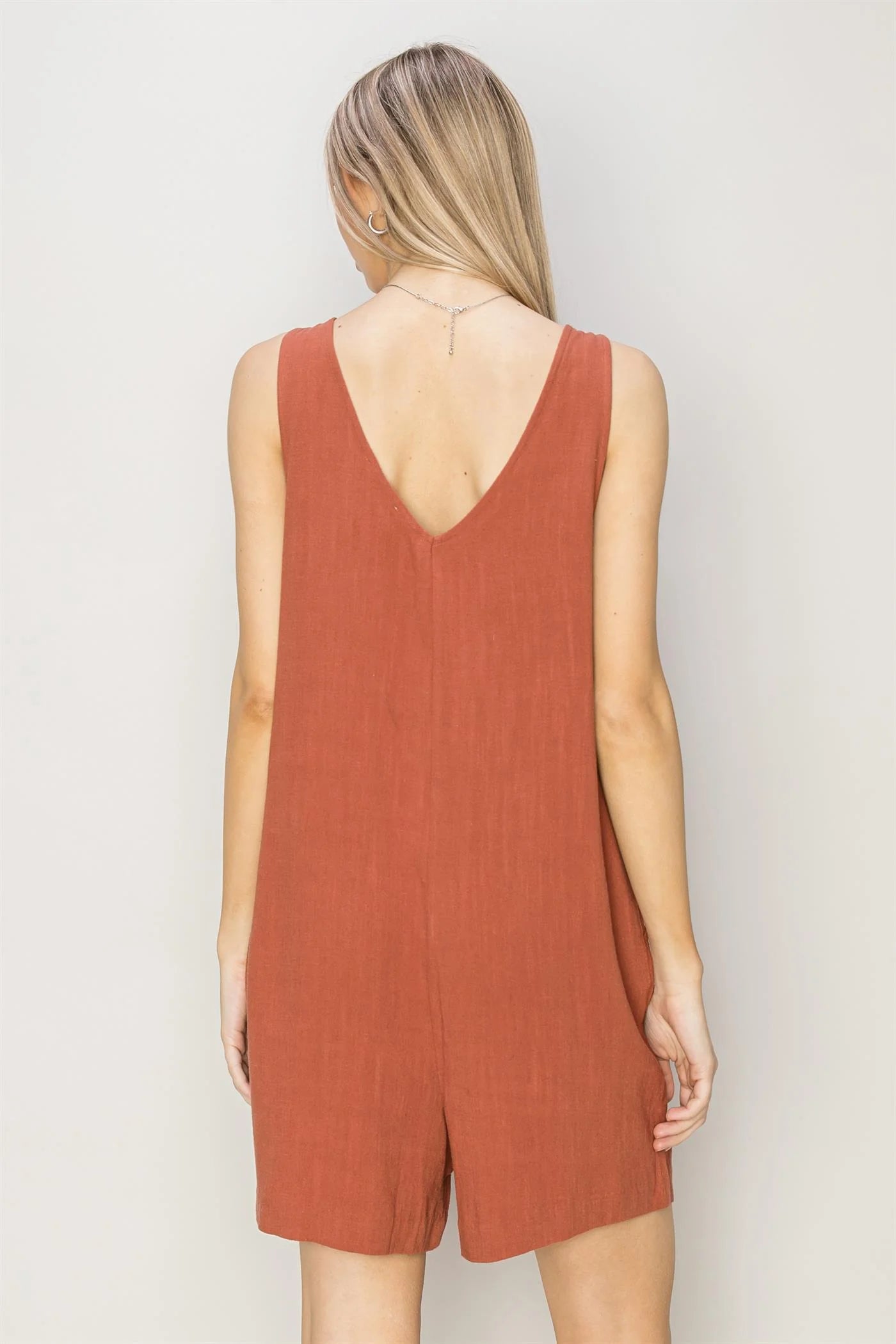 LINEN SLEEVELESS ROMPER -Baked Clay