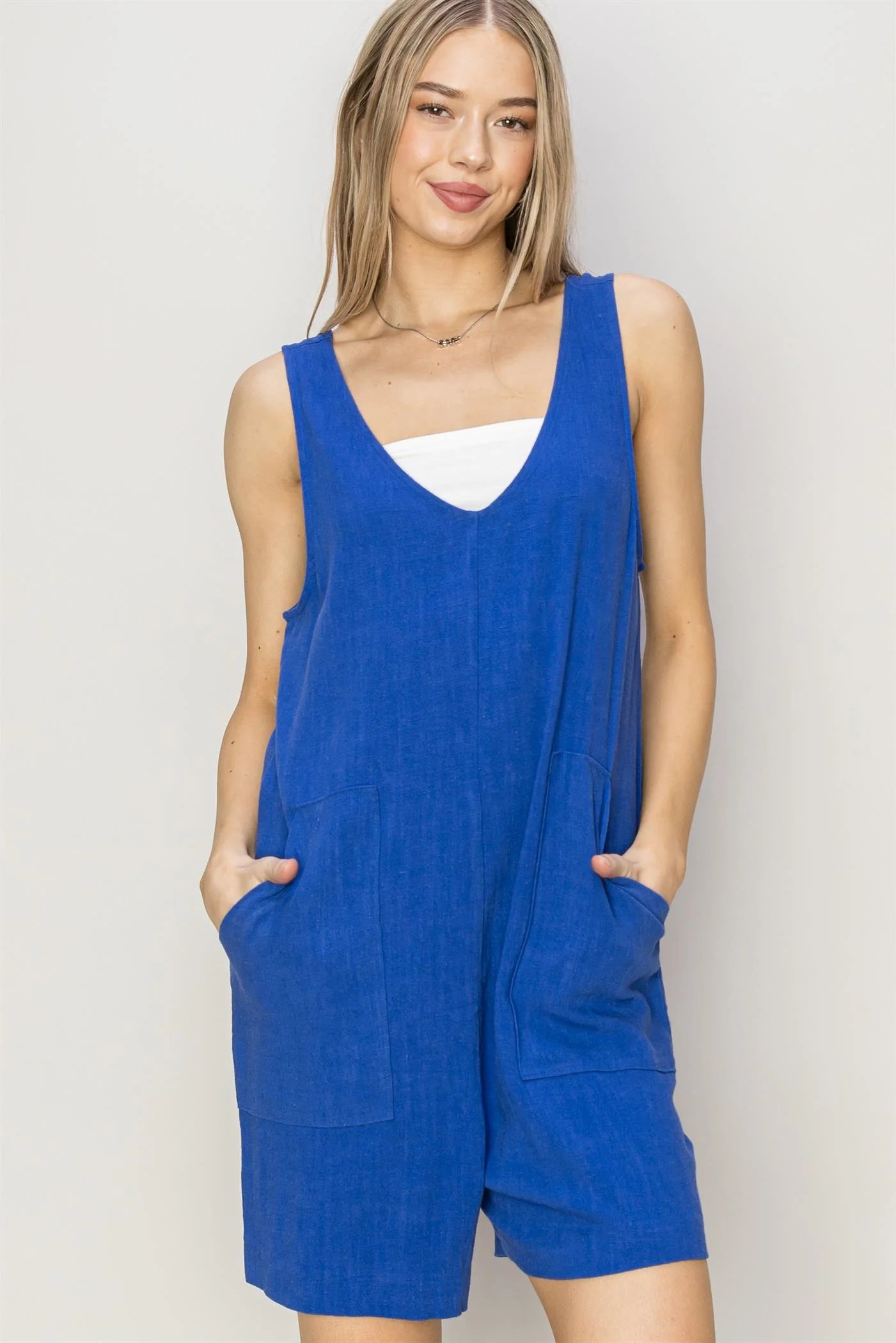 LINEN SLEEVELESS ROMPER -BLUE