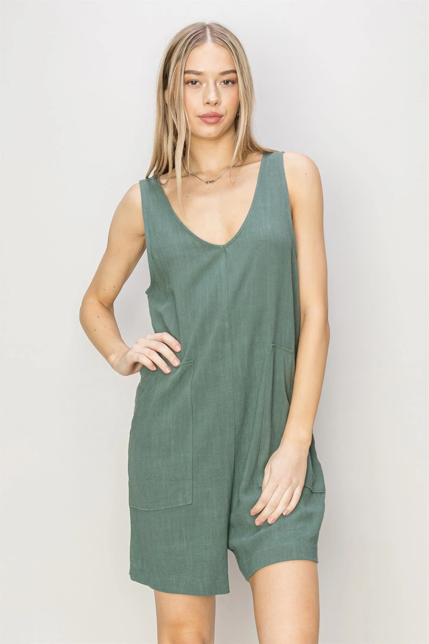 LINEN SLEEVELESS ROMPER -GREY GREEN