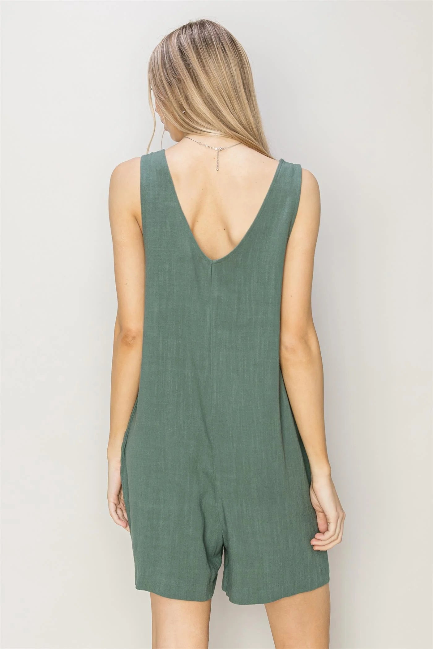 LINEN SLEEVELESS ROMPER -GREY GREEN