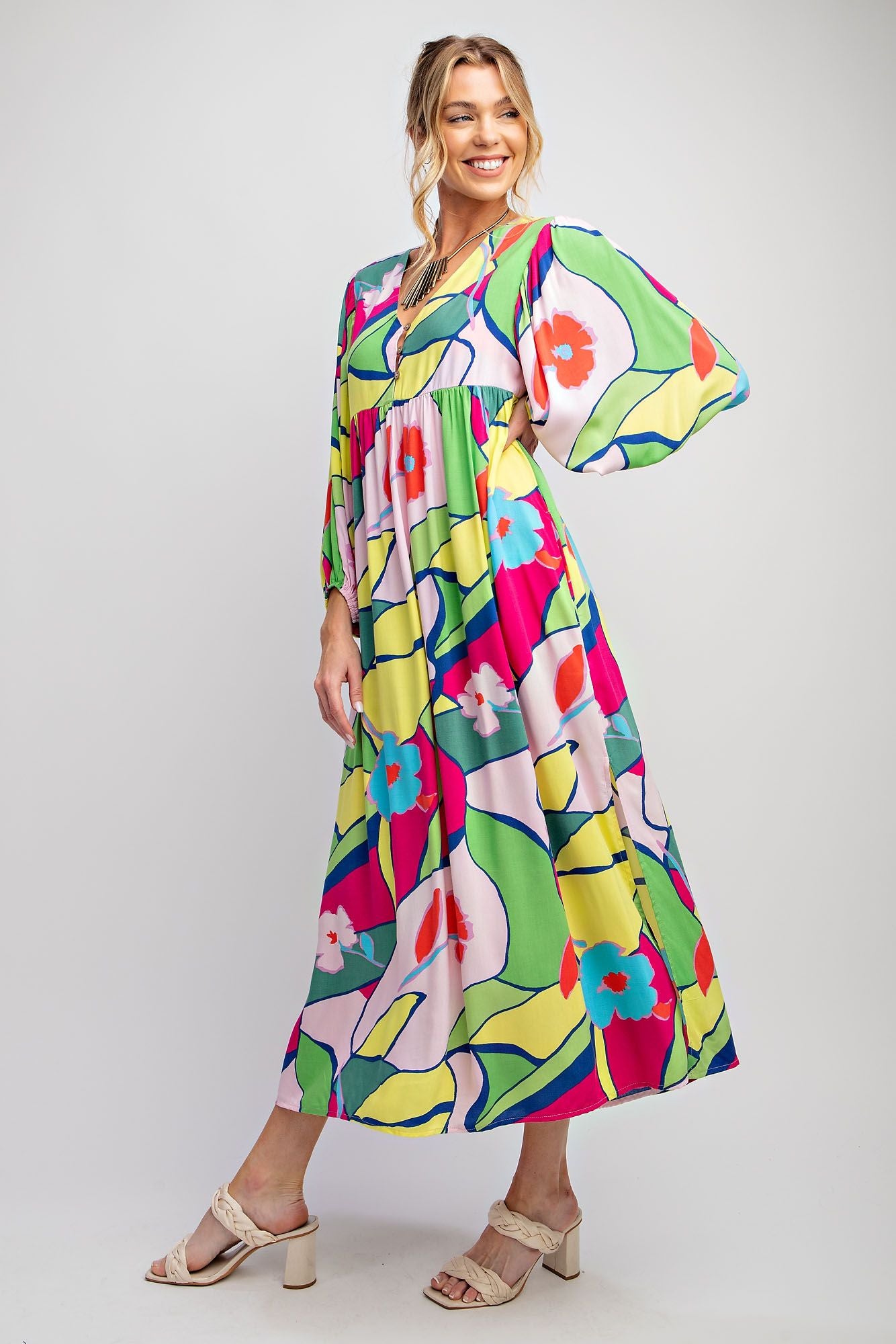 PRINTED CHALLIS BUTTON FRONT MAXI DRESS
