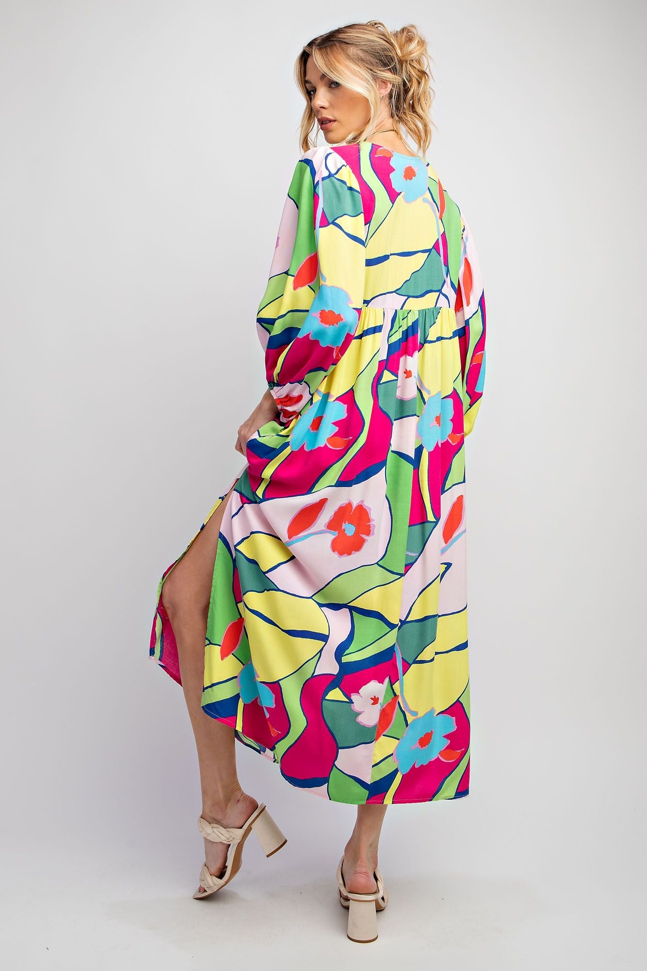 PRINTED CHALLIS BUTTON FRONT MAXI DRESS