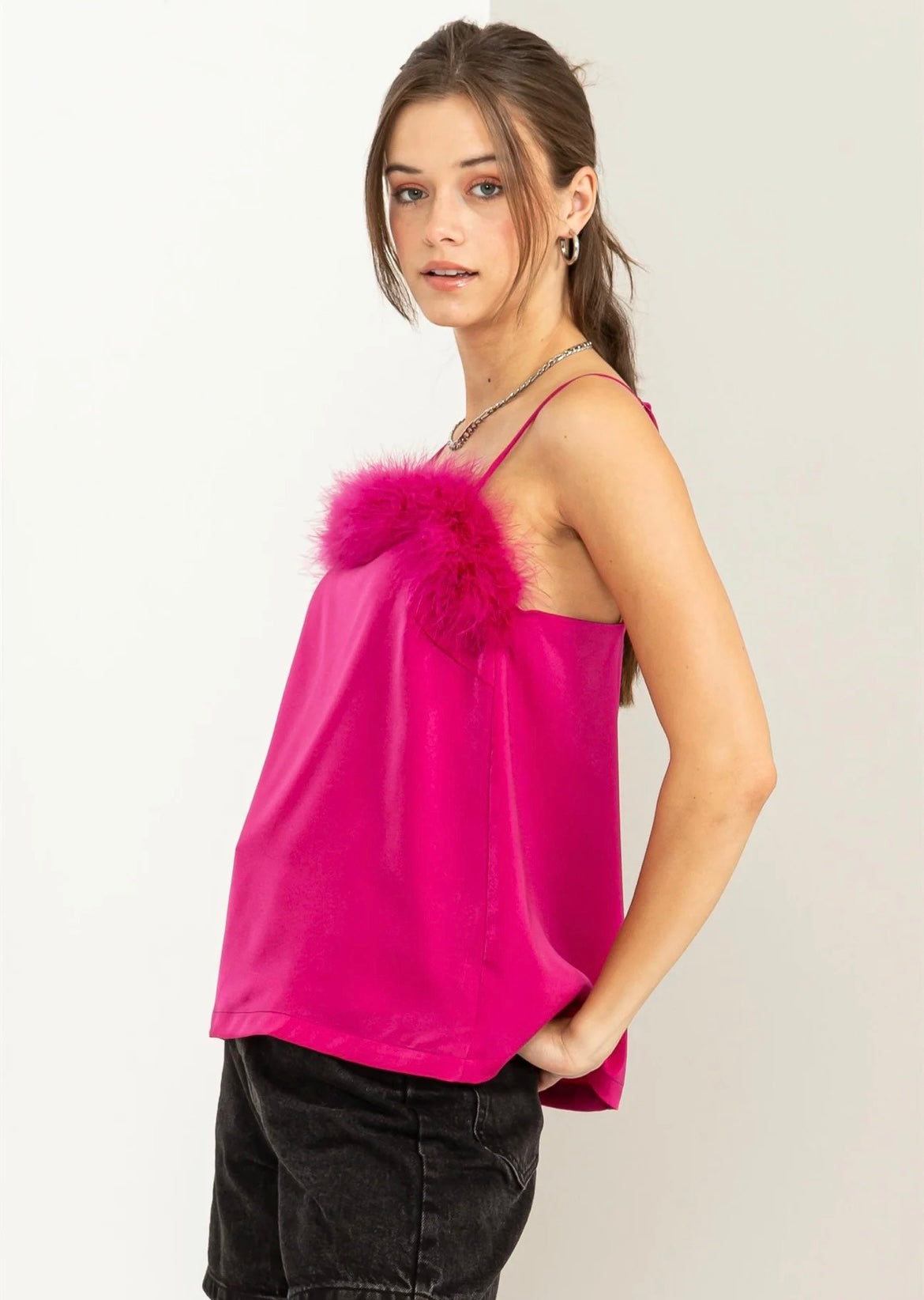 SWEET POP FEATHER-TRIMMED CAMI TOP