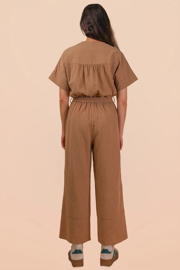Half Button Down Stripe Linen Woven Jumpsuit