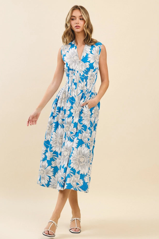 Floral Print Zip Up Smocked Waist Midi Dress