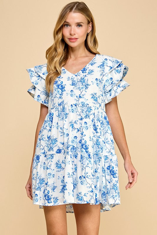 Blue Floral Print V-Neckline Pullover Dress