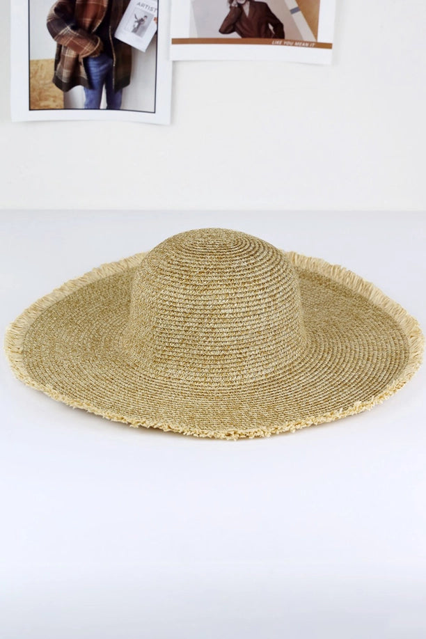 Frayed Two Tone Mixed Color Straw Floppy Hat