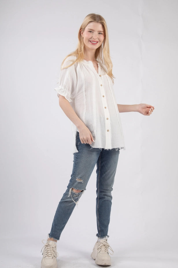 Puff Sleeve Cotton Gauze Shirts Blouse