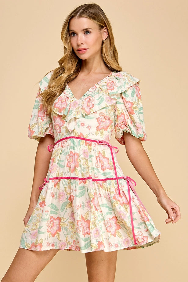 Floral Print V-Neck Ruffle Detail Dress