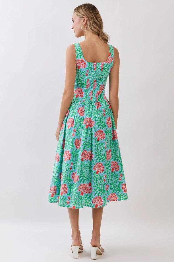 Tropical Floral Print Smocked Back Midi Dress