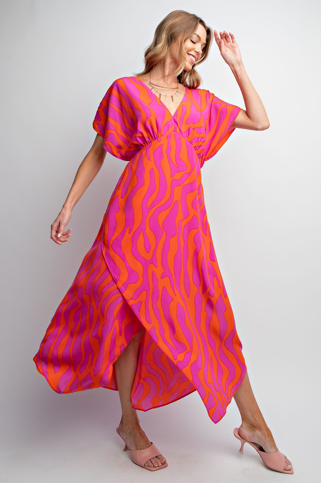 WAVY PRINTED WOOL PEACH SURPLUS MAXI DRESS