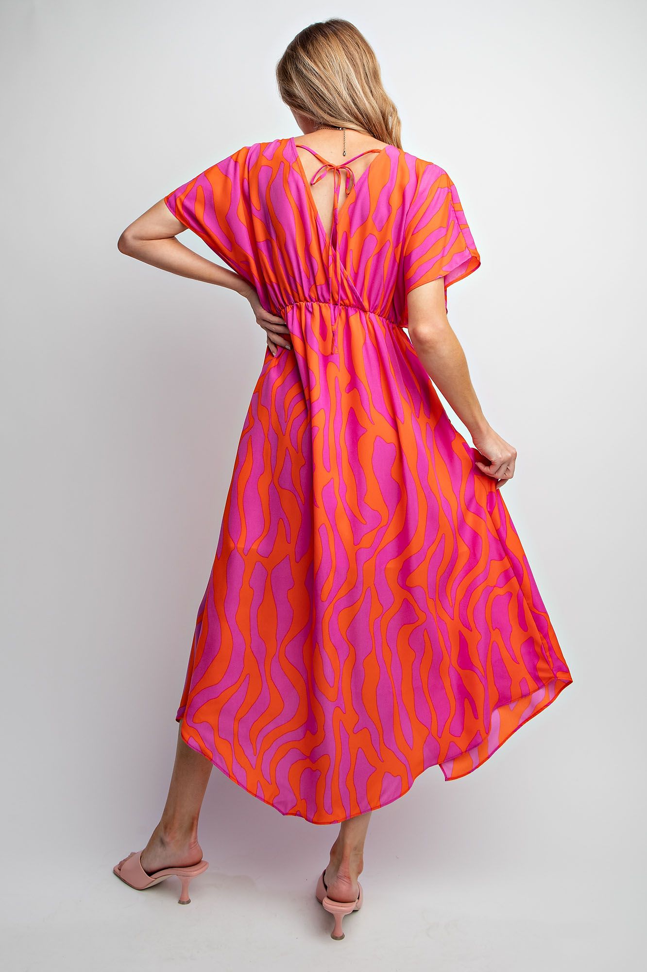 WAVY PRINTED WOOL PEACH SURPLUS MAXI DRESS