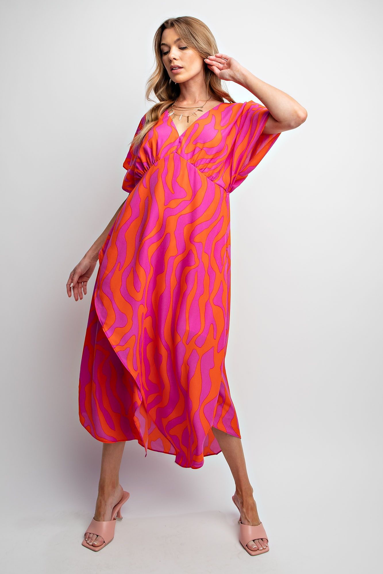 WAVY PRINTED WOOL PEACH SURPLUS MAXI DRESS