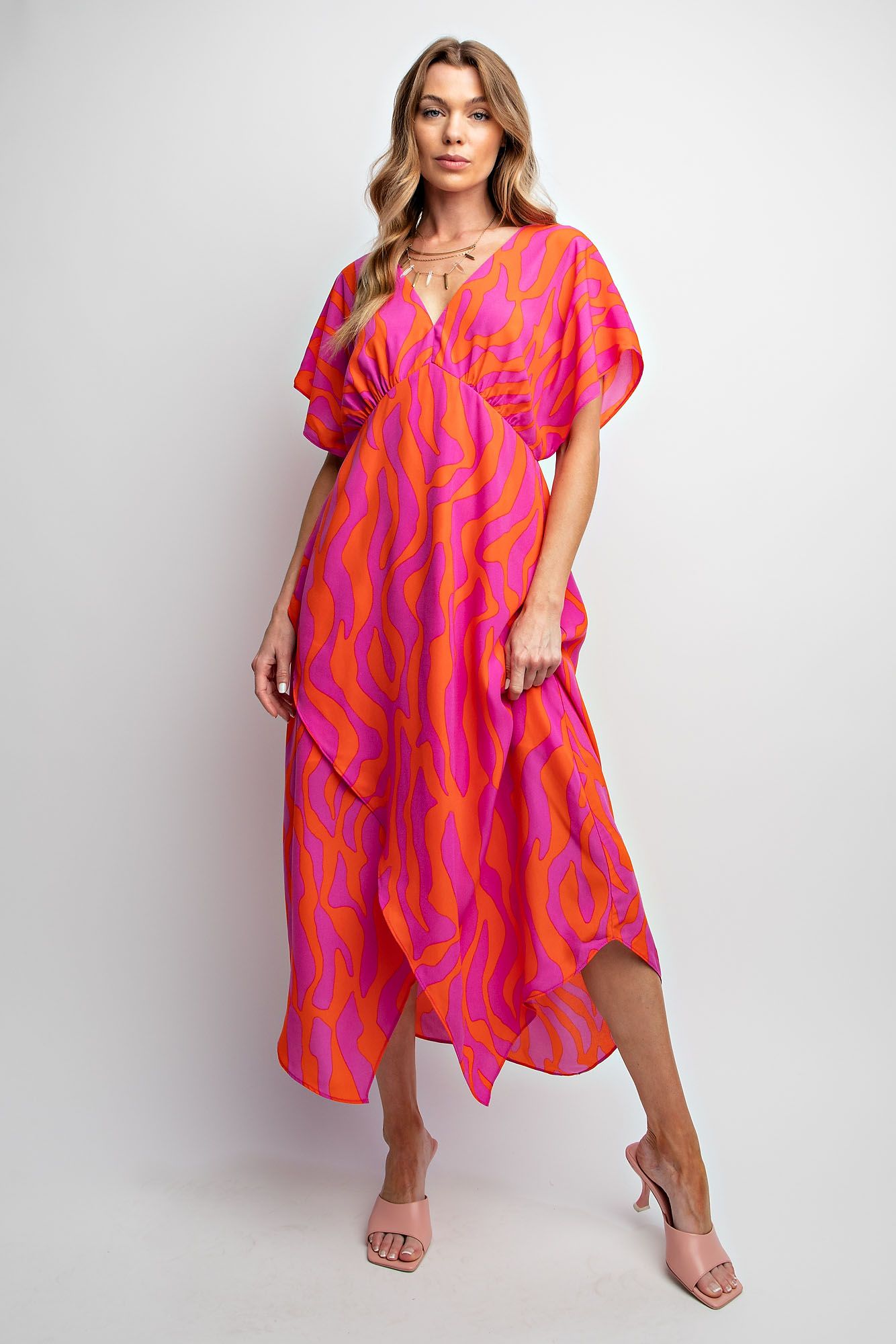 WAVY PRINTED WOOL PEACH SURPLUS MAXI DRESS