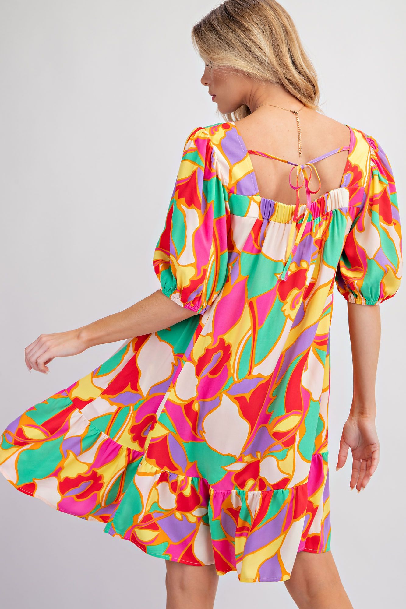 GEO PRINT RAYON CHALLIS RUFFLE BOTTOM DRESS