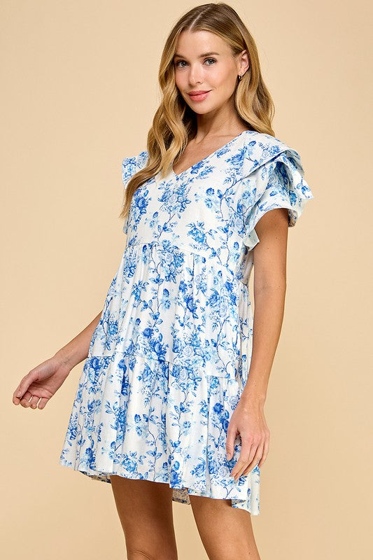 Blue Floral Print V-Neckline Pullover Dress