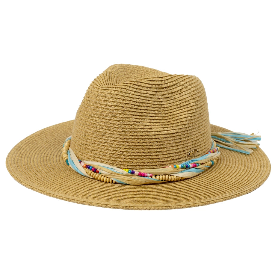 C.C Multi Colored Straw and Bead Band Panama Sun Hat