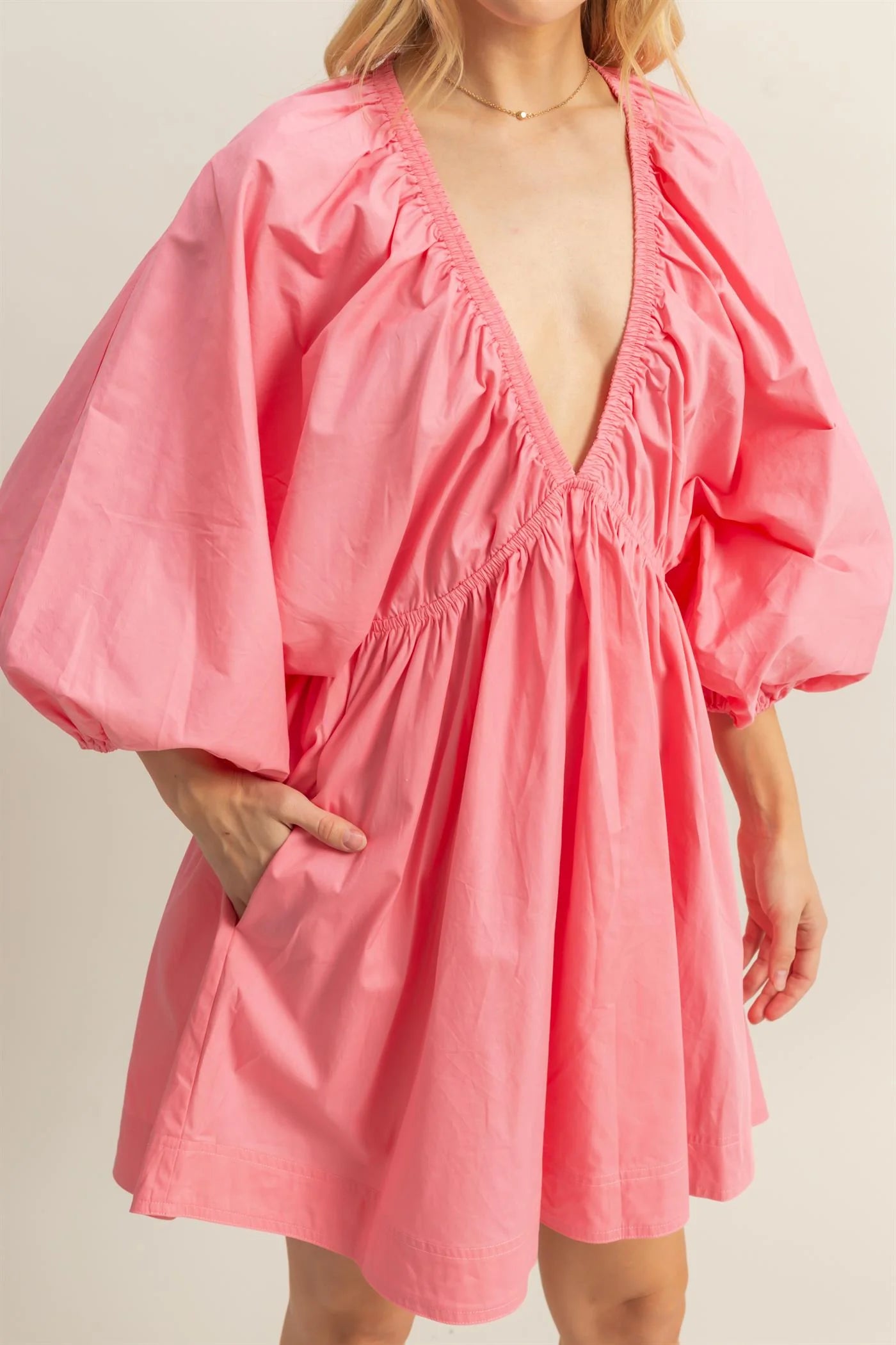 Dolman Sleeve V Neck Poplin Mini Dress