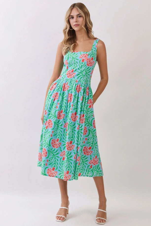Tropical Floral Print Smocked Back Midi Dress