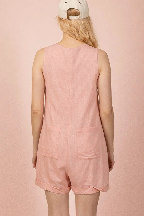Sleeveless Button Down Linen Romper (Blush)