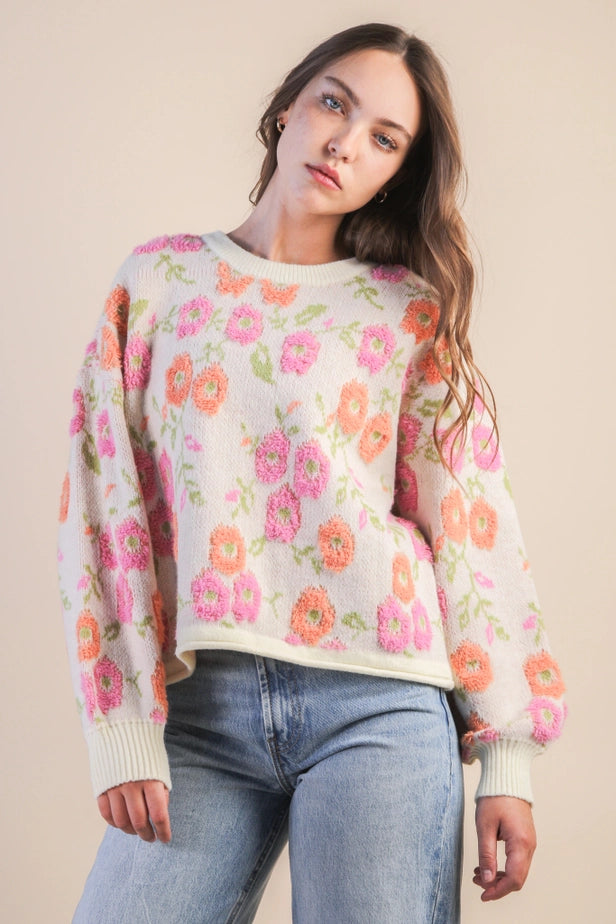 Oversized Floral Textured Printed Knit Sweater Top