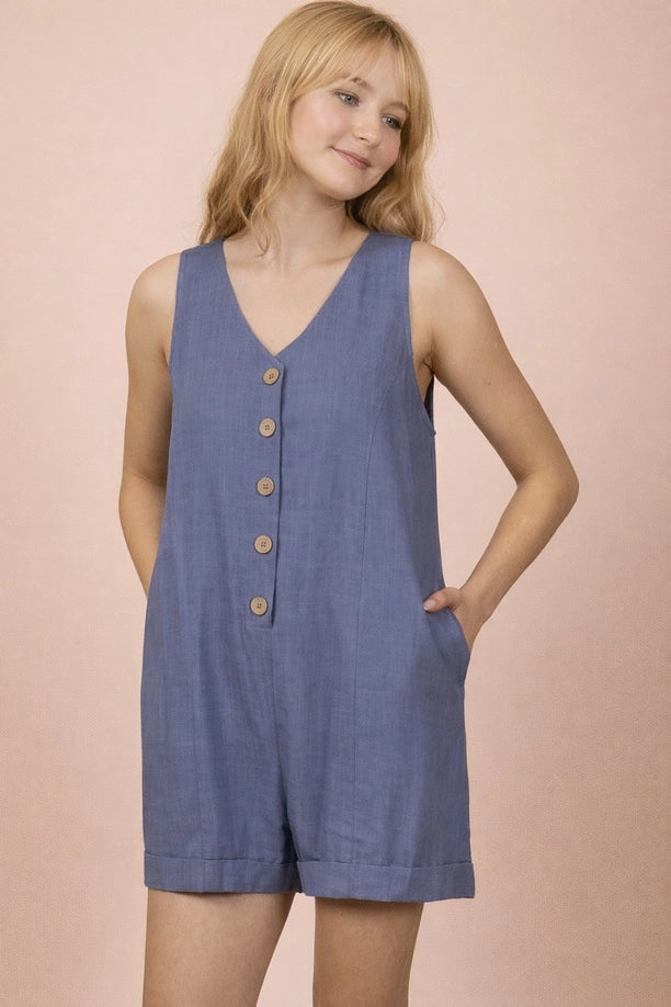 Sleeveless Button Down Linen Romper (Denim)