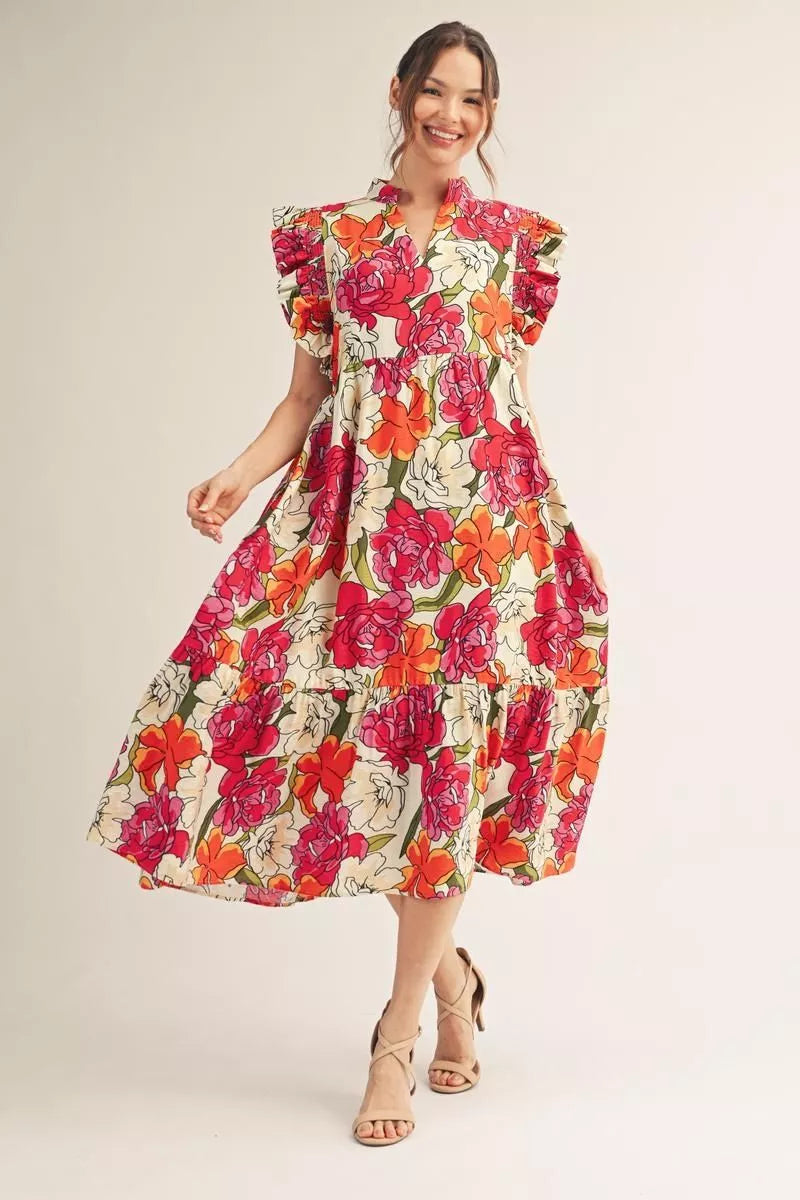 Ruffled Floral Midi Dress