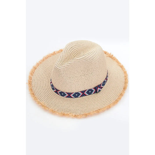 Frayed Trim Aztec Straw Hat