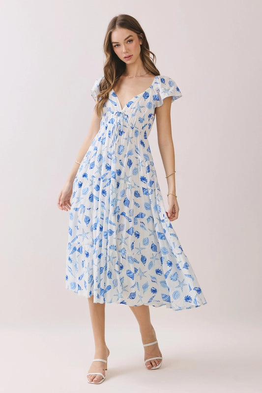 Shell Flutter Sleeve Midi Dress
